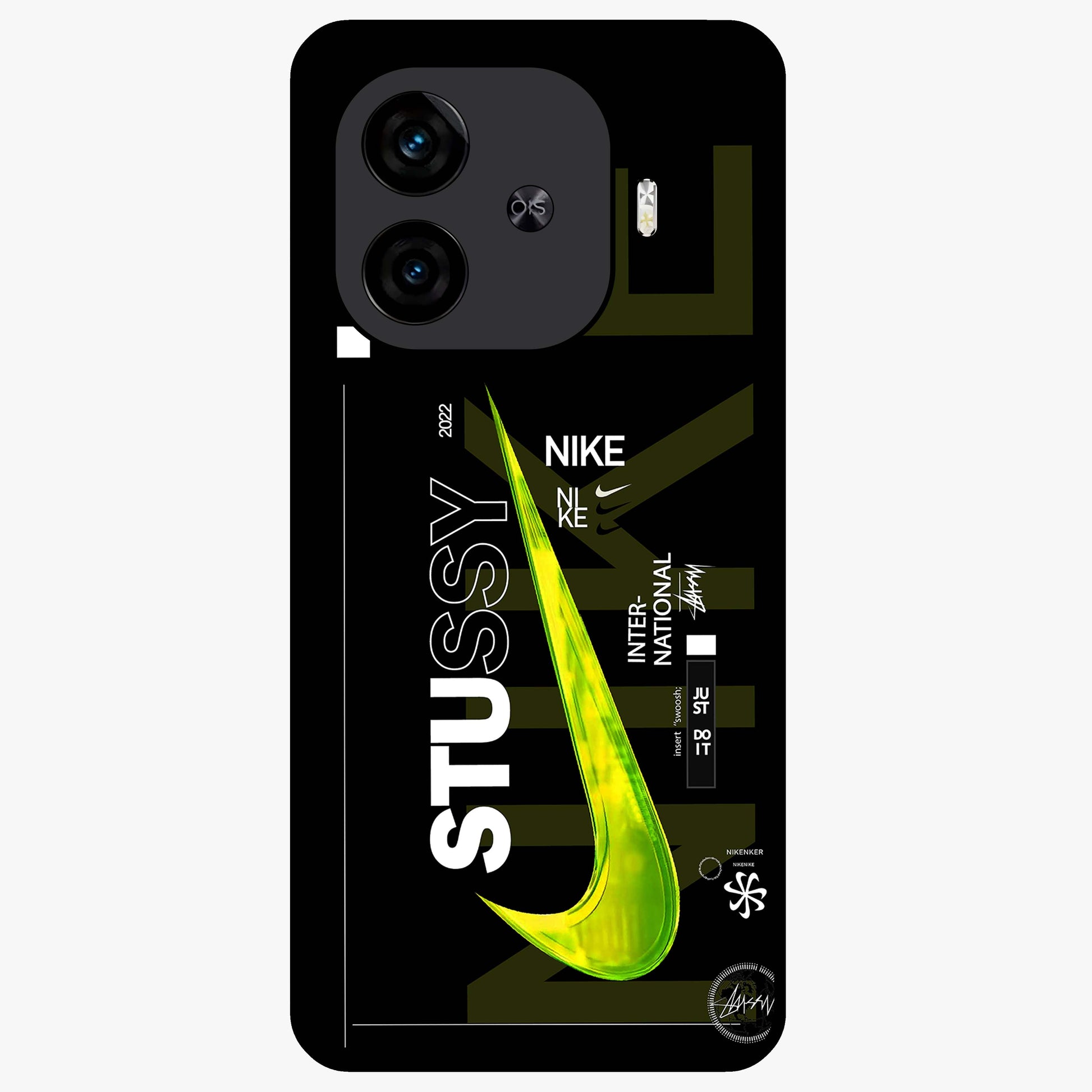Neon Street Edition Glass Case showing flat back view with neon street style artwork and glossy glass finish.