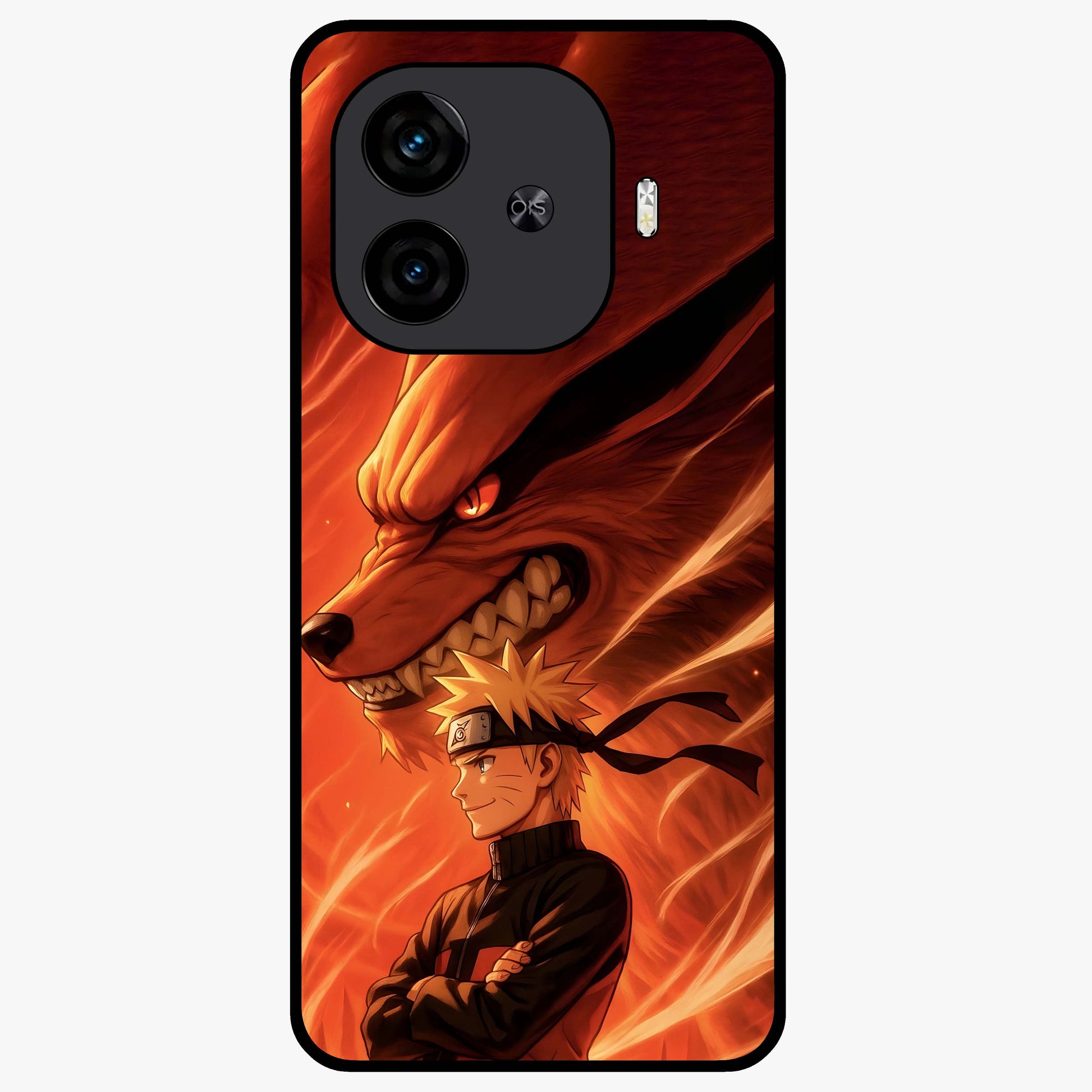 Nine Tails Legacy Glass Case showing flat back view with powerful nine-tailed fox inspired artwork and glossy glass finish.