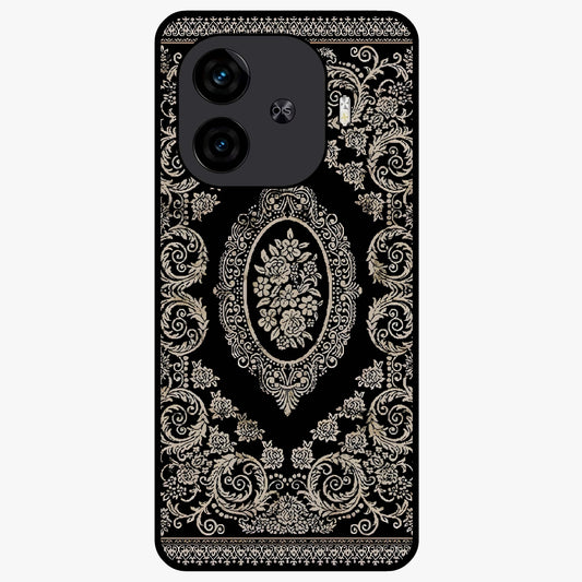 Noir Bloom Elegance Glass Case showing flat back view with elegant dark floral artwork and glossy glass finish.
