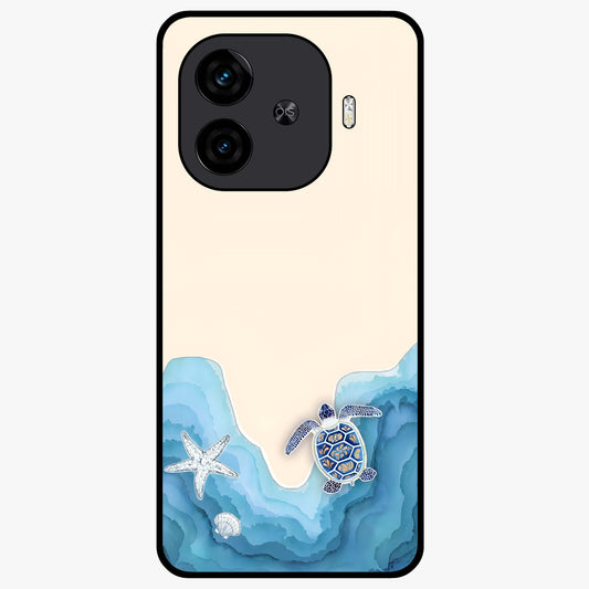 Ocean Drift Turtle Glass Case showing flat back view with sea turtle artwork and glossy glass finish.