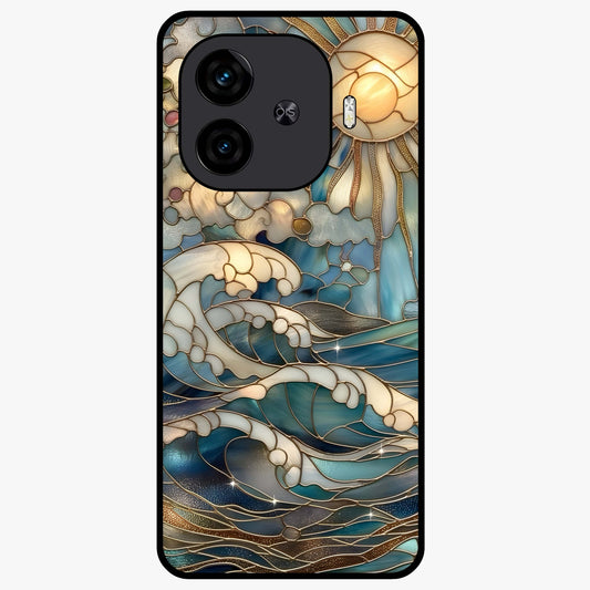 Oceanic Stained Printed Glass Case showing flat back view with ocean inspired stained pattern artwork and glossy glass finish.