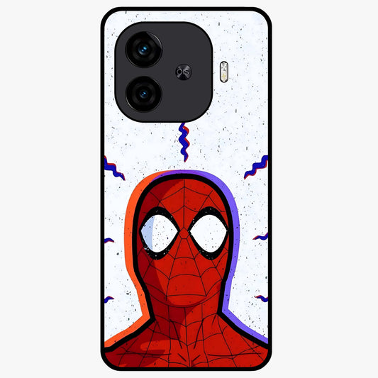 Omg Spiderman Glass Case showing flat back view with bold superhero inspired artwork and glossy glass finish.
