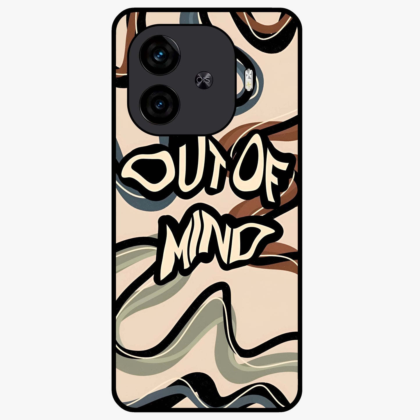 Out Of Mind Glass Case showing flat back view with expressive typography artwork and glossy glass finish.
