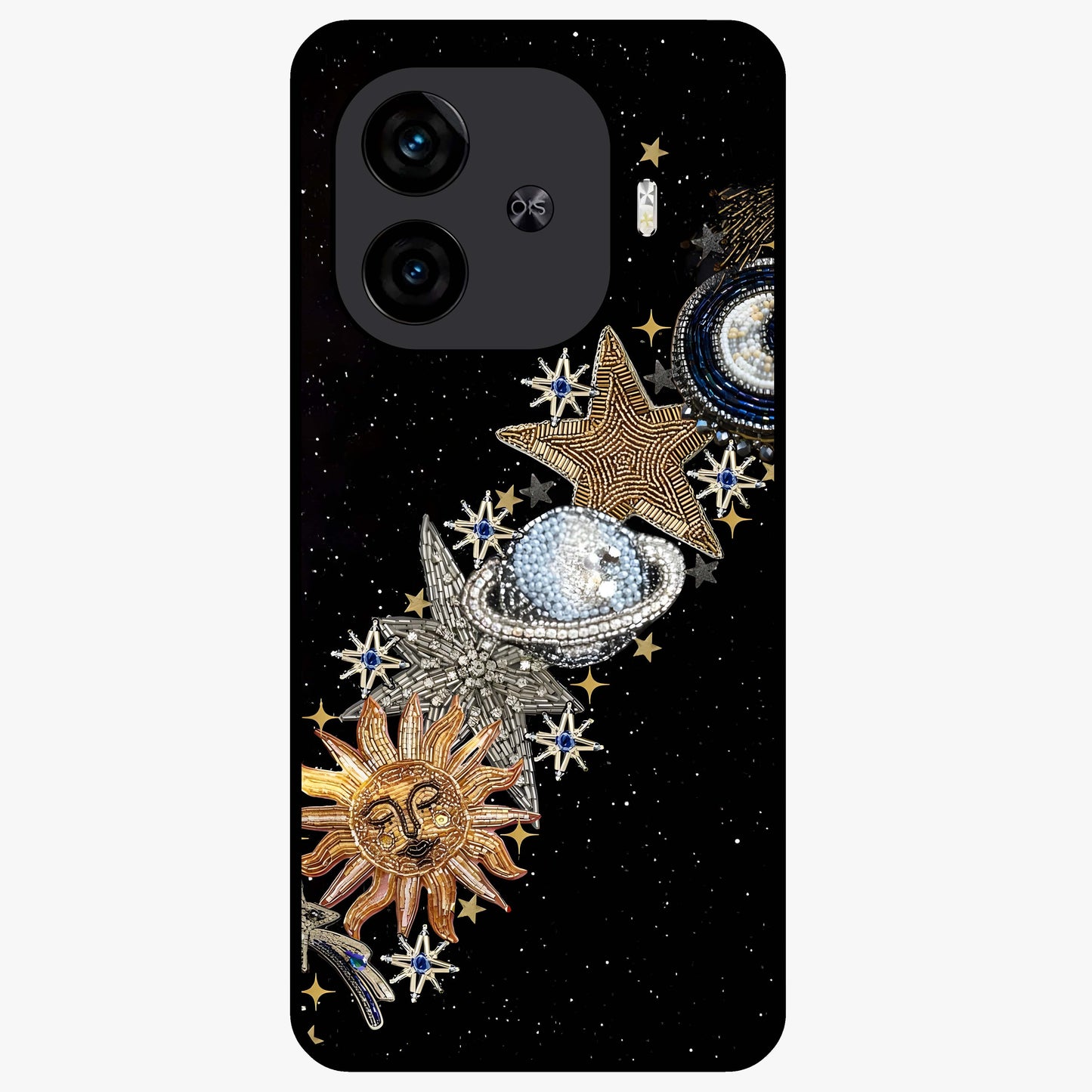 Pearls Universe Object Glass Case showing flat back view with pearl inspired cosmic artwork and glossy glass finish.