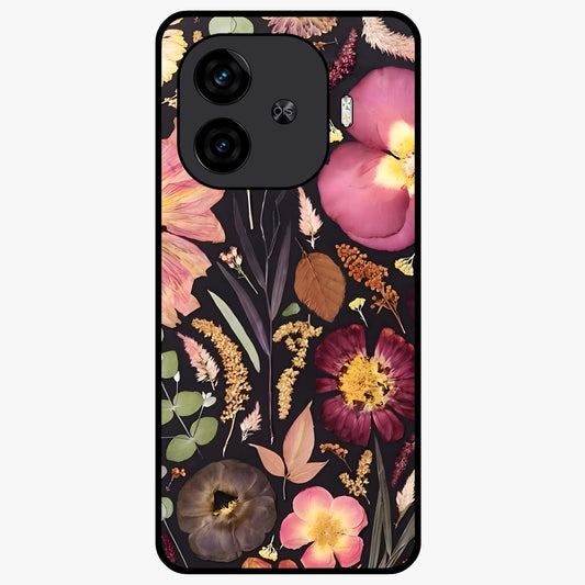 Petal Dream Tapestry Glass Case showing flat back view with intricate floral tapestry artwork and glossy glass finish.