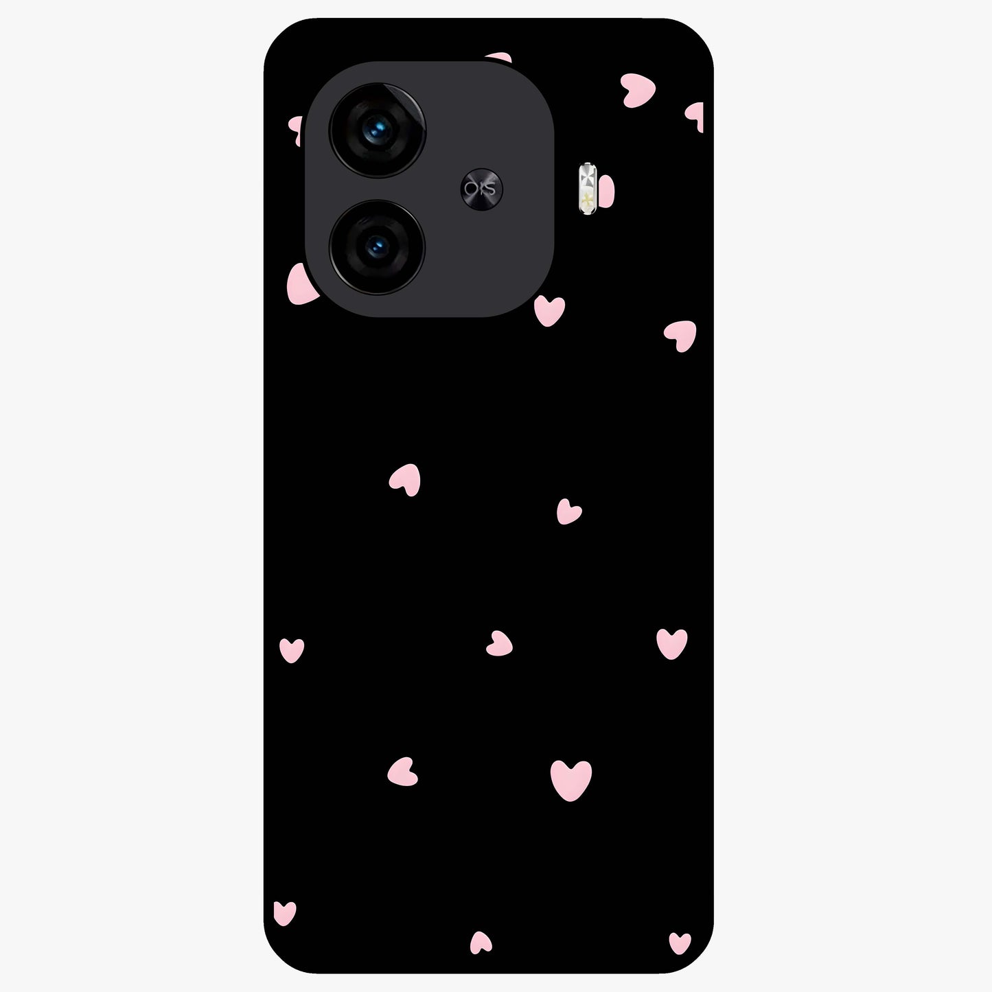 Pink Love Drops Glass Case showing flat back view with playful pink heart drops artwork and glossy glass finish.