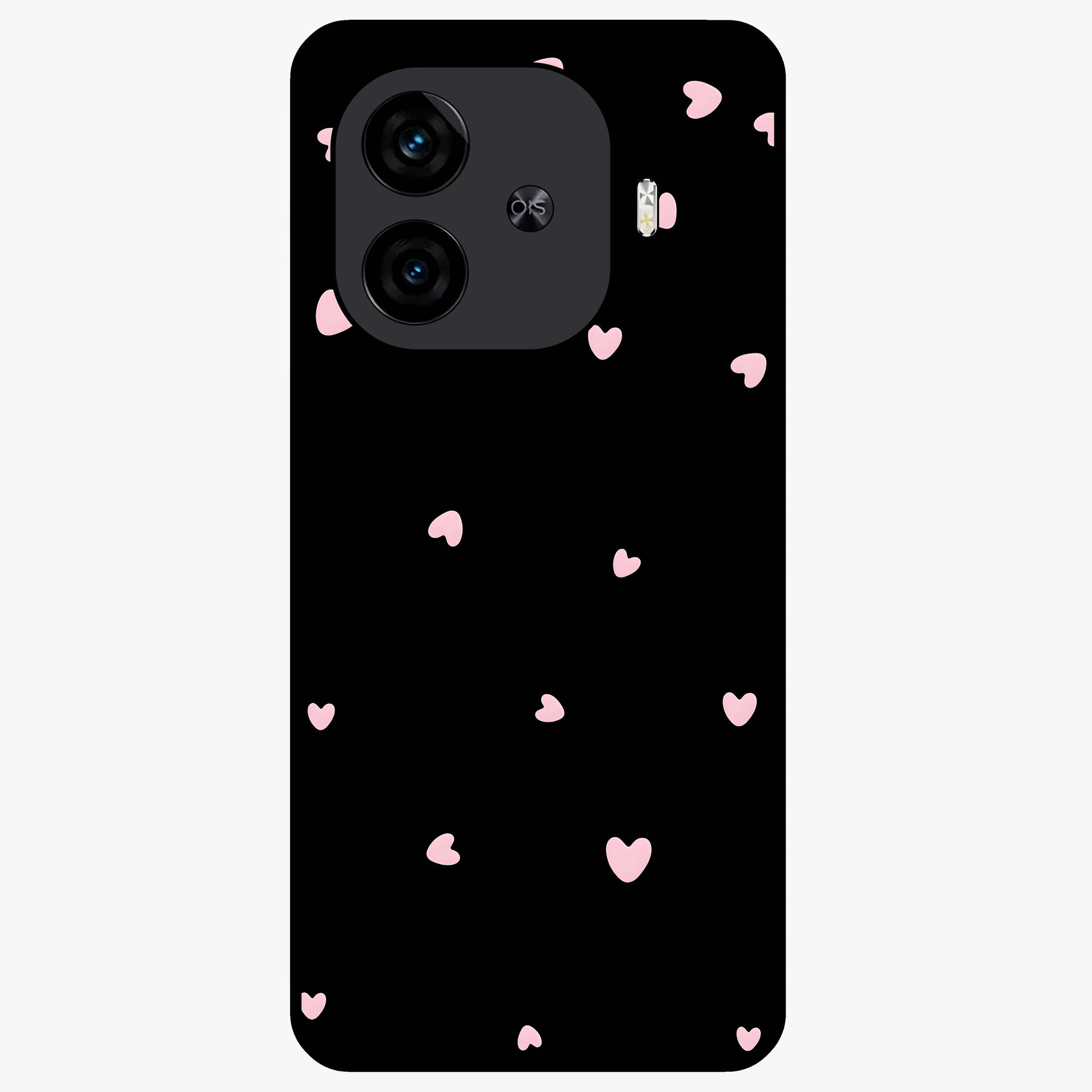 Pink Love Drops Glass Case showing flat back view with playful pink heart drops artwork and glossy glass finish.