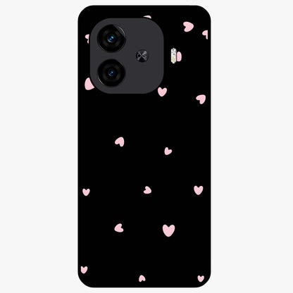 Pink Love Drops Glass Case showing flat back view with playful pink heart drops artwork and glossy glass finish.