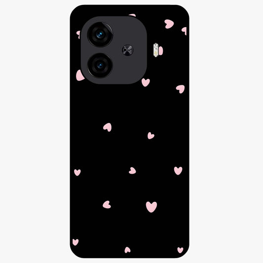 Pink Love Drops Glass Case showing flat back view with playful pink heart drops artwork and glossy glass finish.