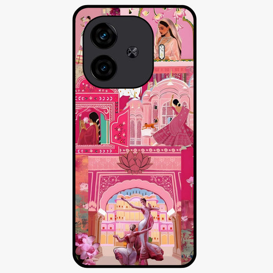 Pink Palace Muse Glass Case showing flat back view with elegant palace inspired artwork and glossy glass finish.