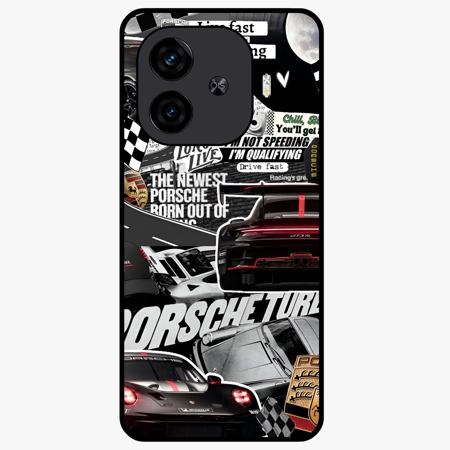 Porsche Racing Collage Glass Case showing flat back view with sports car racing collage artwork and glossy glass finish.