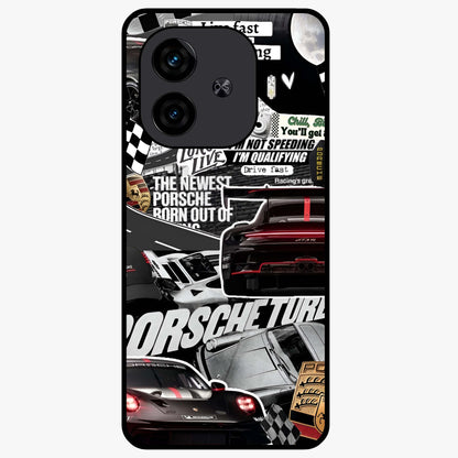 Porsche Racing Collage Glass Case showing flat back view with sports car racing collage artwork and glossy glass finish.