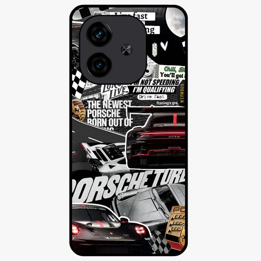 Porsche Racing Collage Glass Case showing flat back view with sports car racing collage artwork and glossy glass finish.
