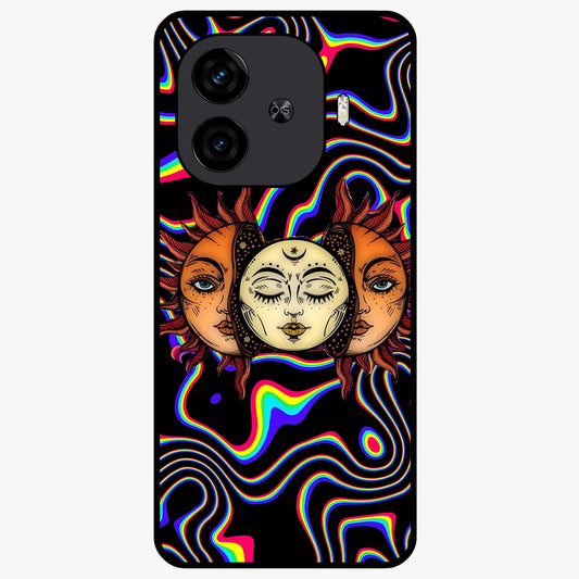 Psychedelic Sun Glass Case showing flat back view with colorful psychedelic sun artwork and glossy glass finish.