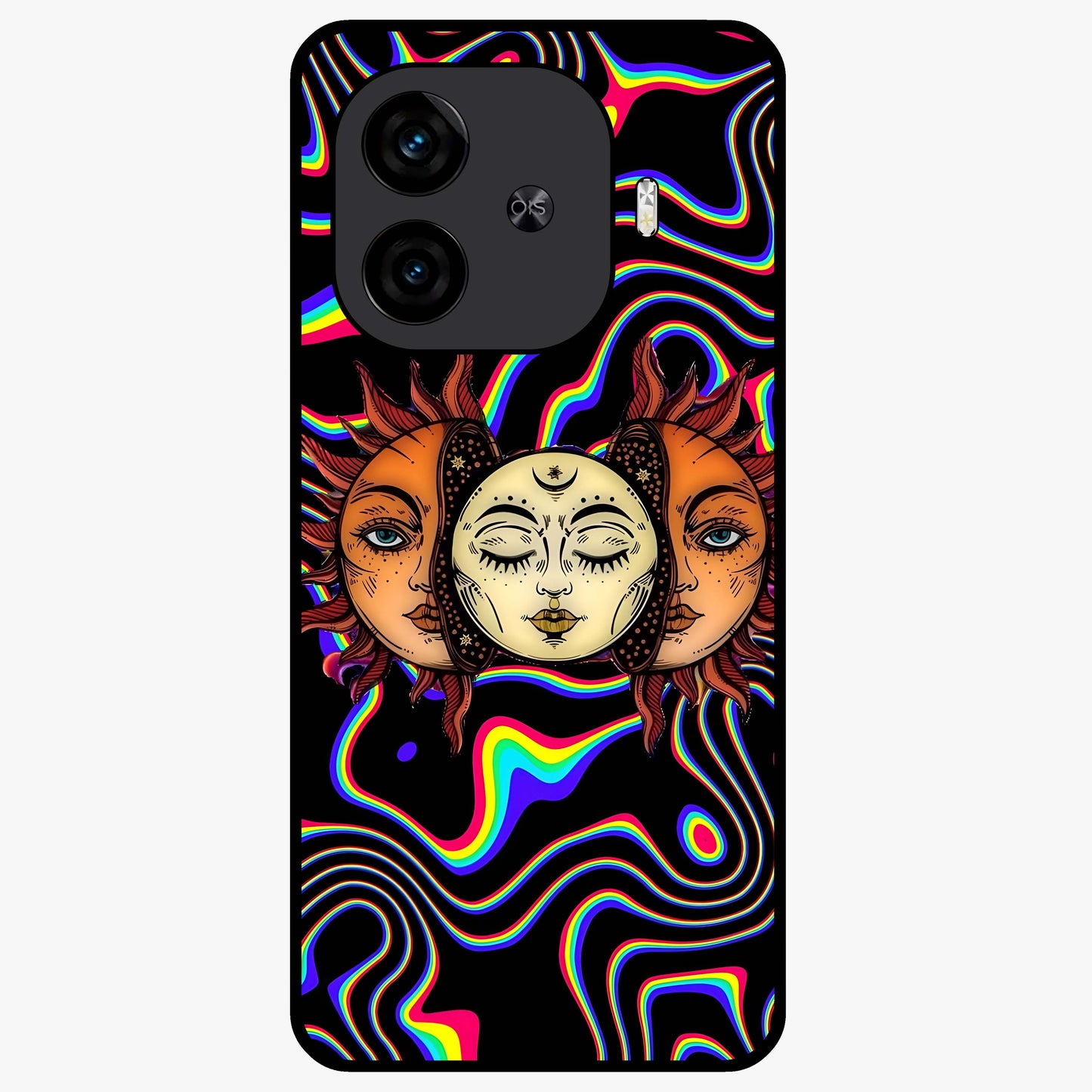 Psychedelic Sun Glass Case showing flat back view with colorful psychedelic sun artwork and glossy glass finish.