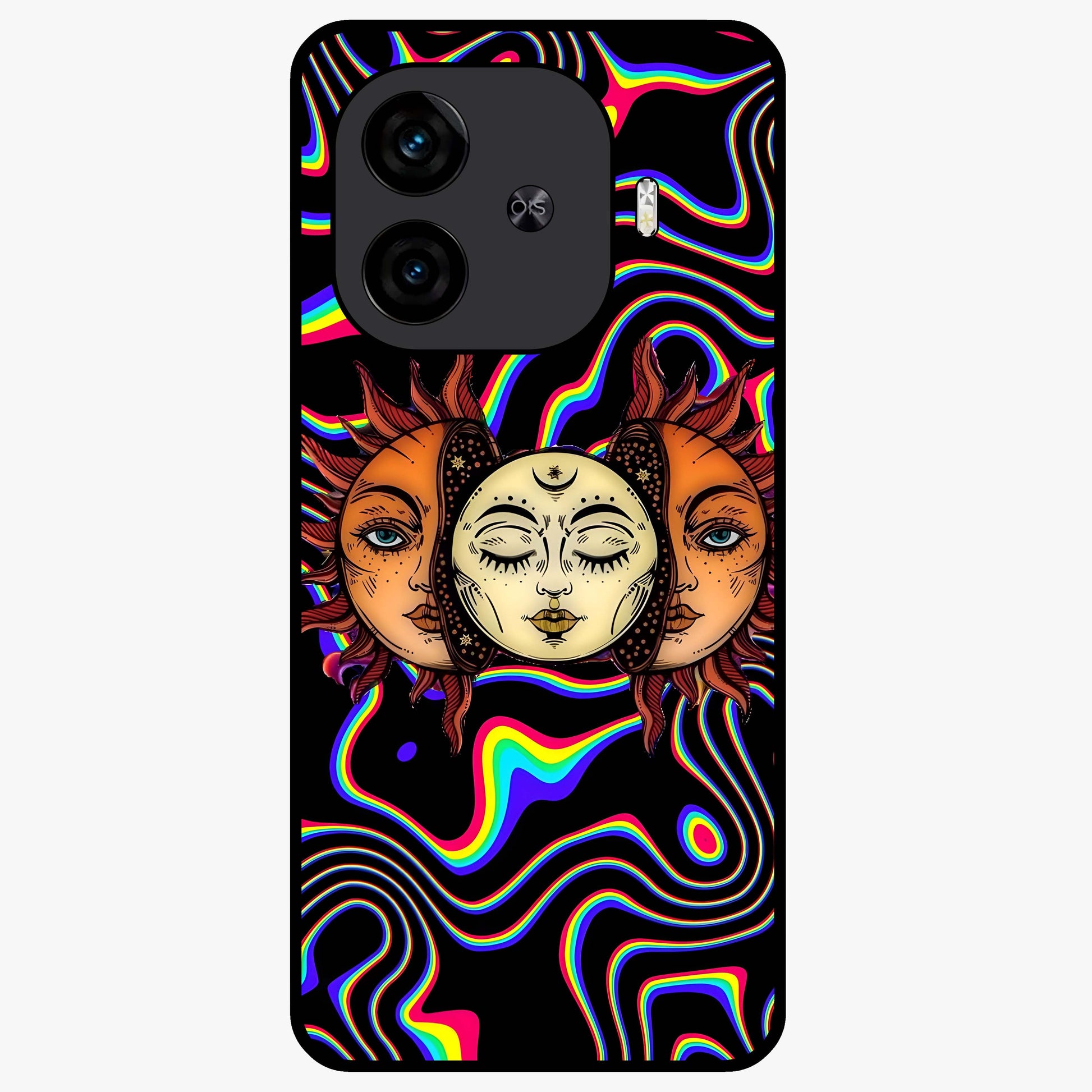 Psychedelic Sun Glass Case showing flat back view with colorful psychedelic sun artwork and glossy glass finish.