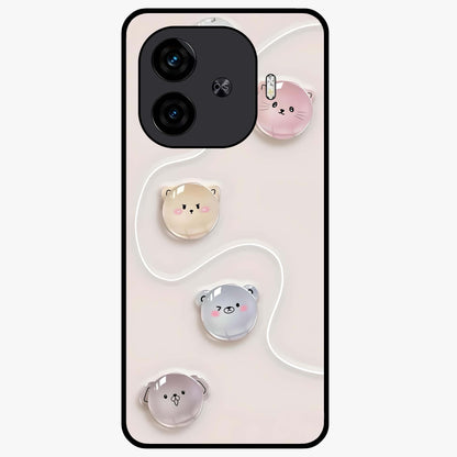 Puffy Face Parade Glass Case showing flat back view with cute puffy character faces artwork and glossy glass finish.