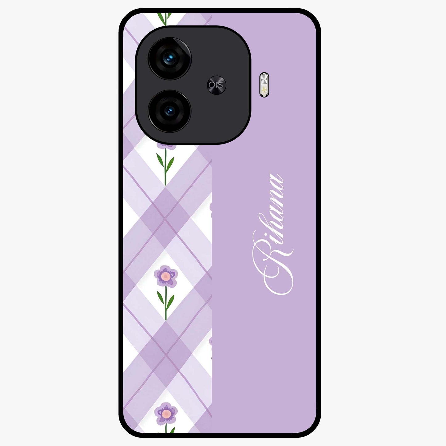 Purple Diamond Floral Glass Case showing flat back view with diamond shaped floral artwork and glossy glass finish.