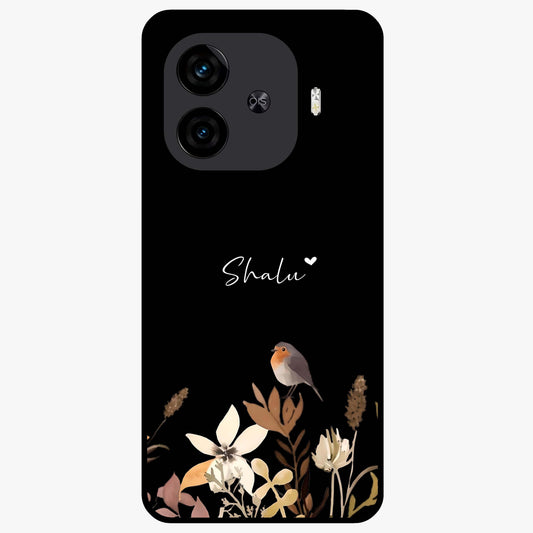 Quiet Garden Tune Custom Name Glass Case showing flat back view with peaceful garden artwork and personalized name design.