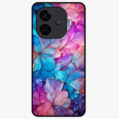 Radiant Floral Whirl Glass Case showing flat back view with swirling floral artwork and glossy glass finish.