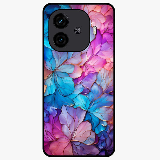 Radiant Floral Whirl Glass Case showing flat back view with swirling floral artwork and glossy glass finish.
