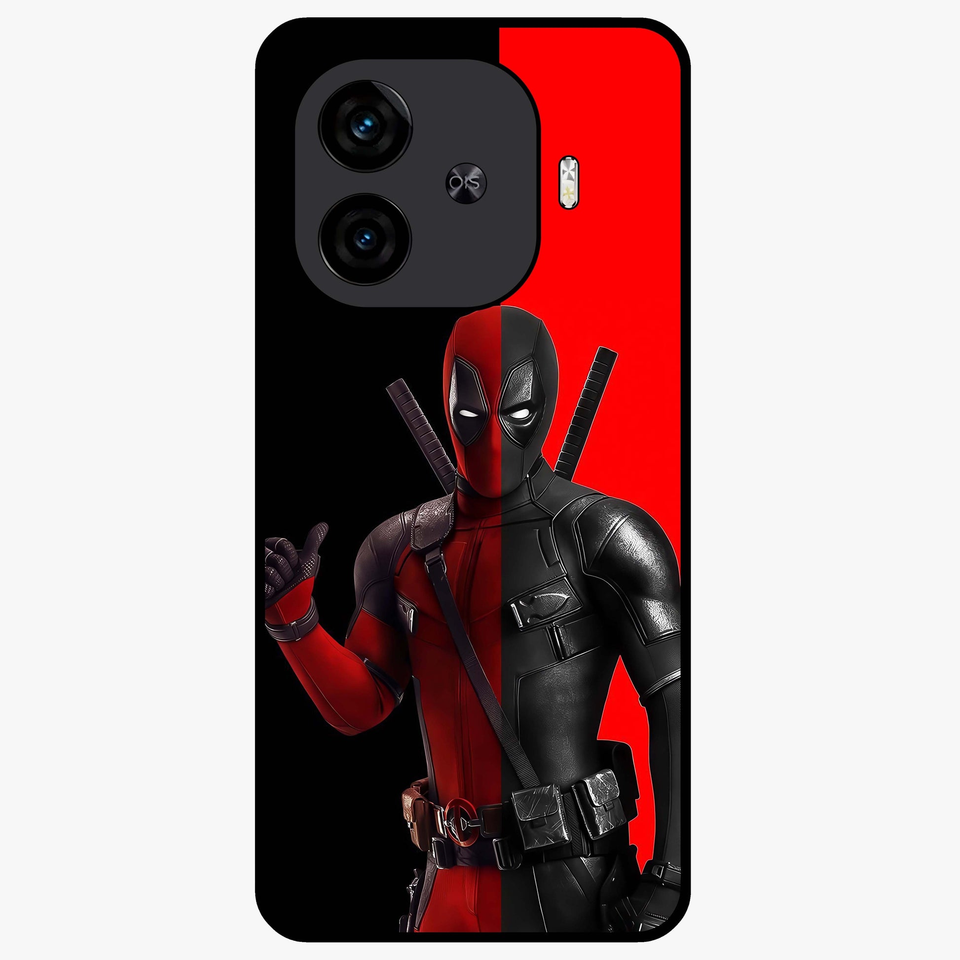 Red & Black Deadpool Theme Glass Case showing flat back view with bold comic inspired artwork and glossy glass finish.
