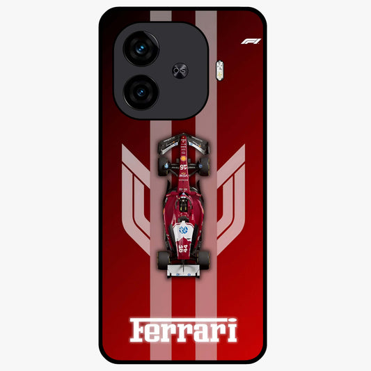 Red Ferrari F1 Vertical Glass Case showing flat back view with sleek Formula racing car artwork and glossy glass finish.