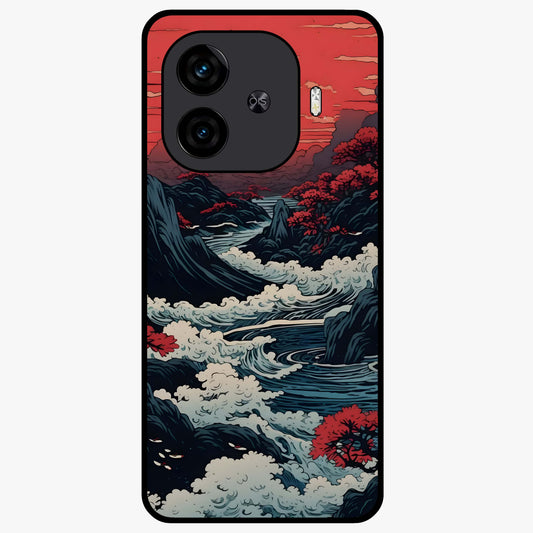 Red Sunset Scenery Glass Case showing flat back view with vibrant sunset landscape artwork and glossy glass finish.