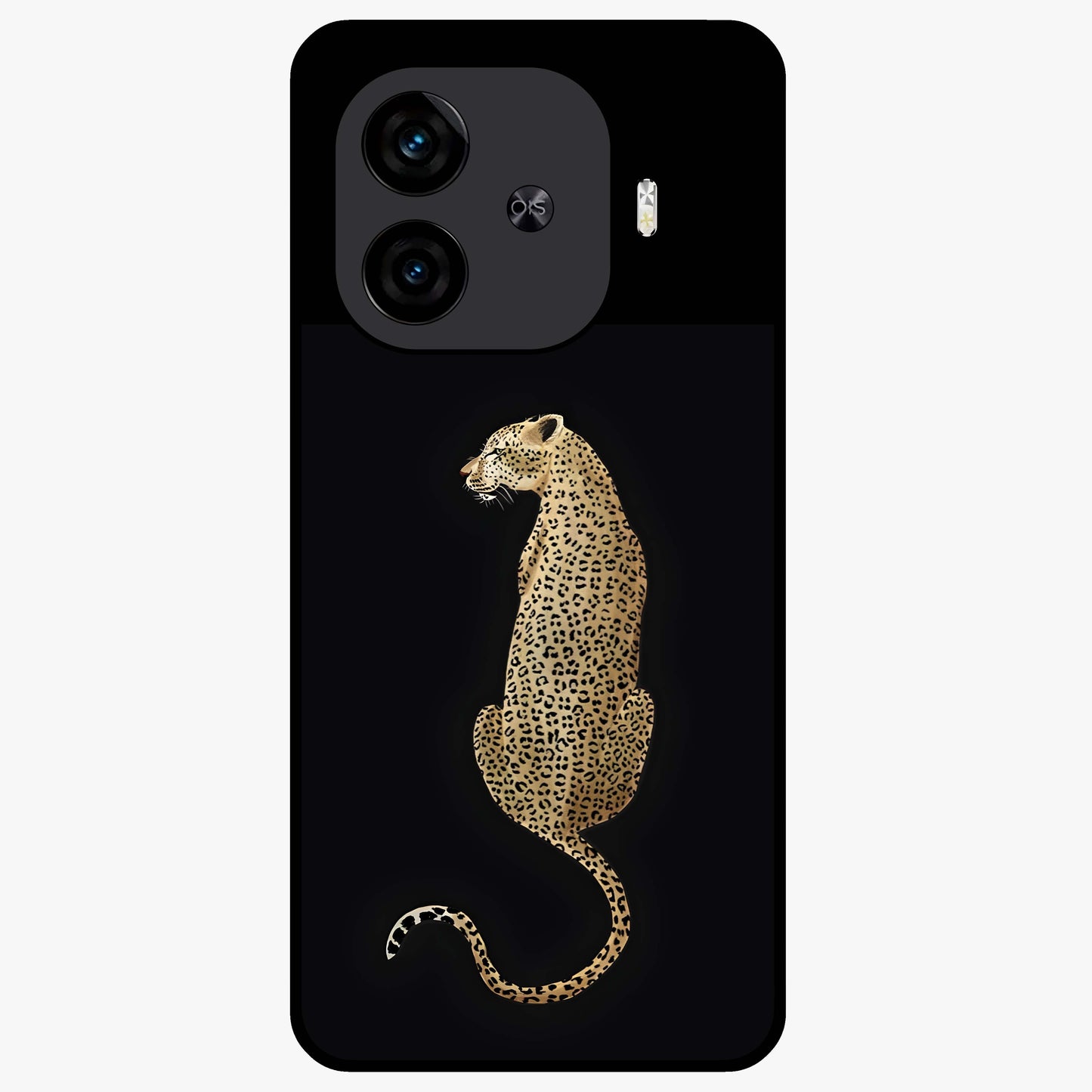 Regal Leopard Glass Case showing flat back view with bold leopard artwork and glossy glass finish.