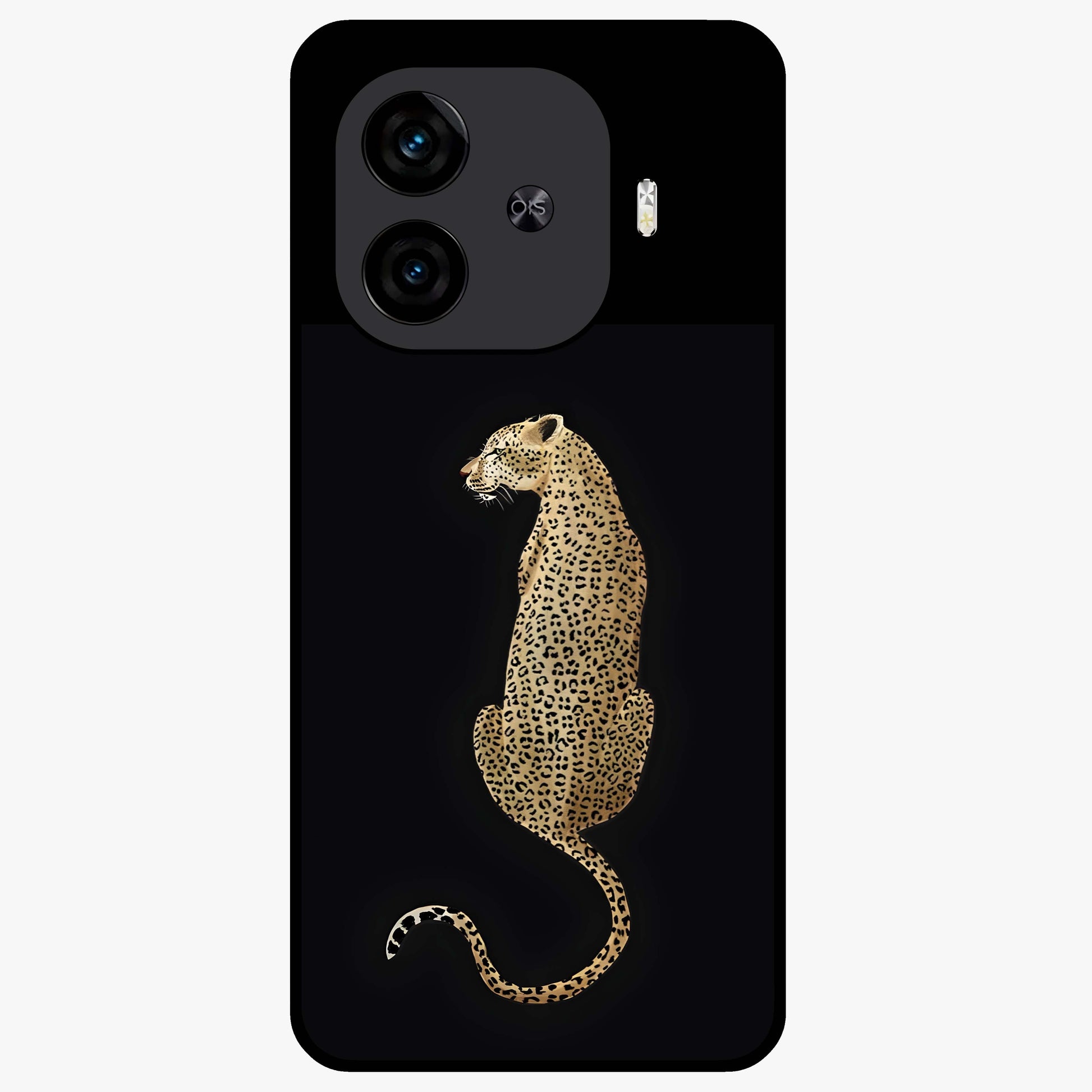 Regal Leopard Glass Case showing flat back view with bold leopard artwork and glossy glass finish.