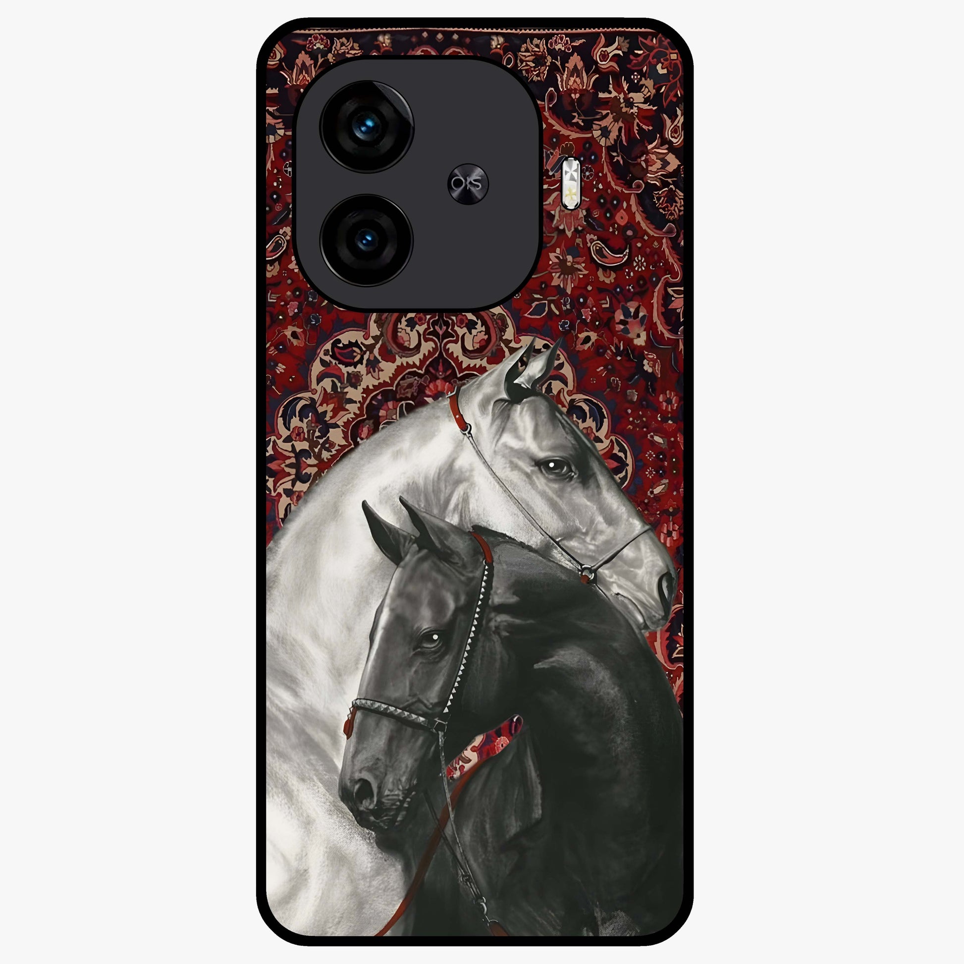 Regal Stallion Tapestry Glass Case showing flat back view with majestic horse tapestry artwork and glossy glass finish.