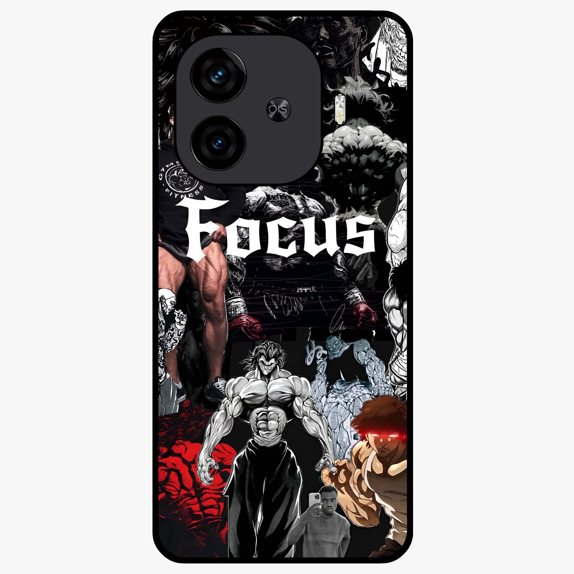 Relentless Power Focus Glass Case showing flat back view with motivational typography artwork and glossy glass finish.