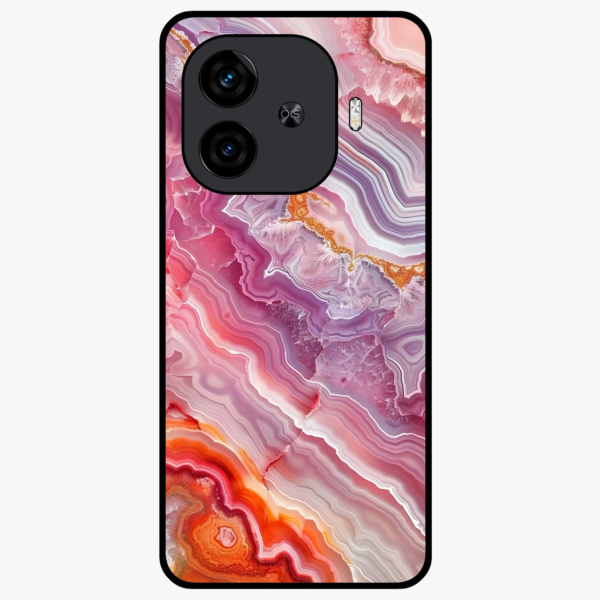 Rose Quartz Marble Glass Case showing flat back view with pink marble quartz texture artwork and glossy glass finish.