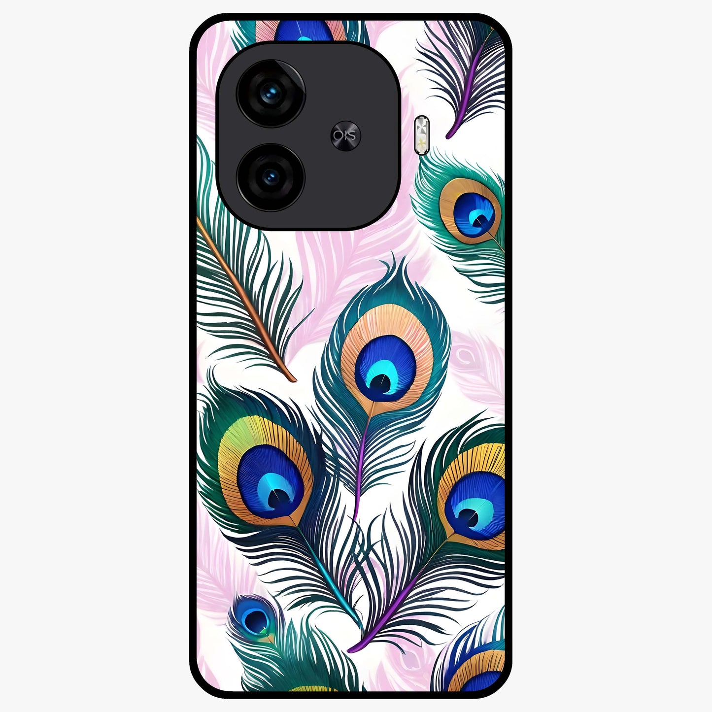 Royal Peacock Feathers Glass Case showing flat back view with colorful peacock feather artwork and glossy glass finish.