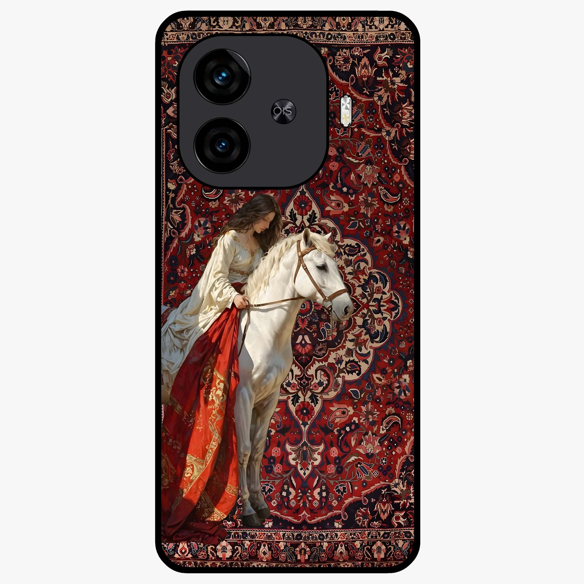 Royal Rider Tapestry Glass Case showing flat back view with majestic horse rider tapestry artwork and glossy glass finish.