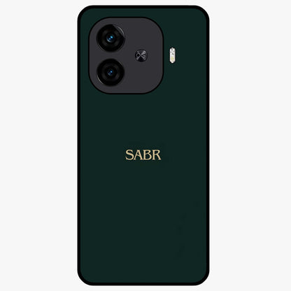 Sabr Minimal Patience Glass Case showing flat back view with minimalist typography artwork and glossy glass finish.