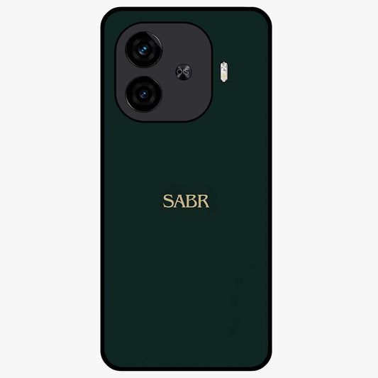 Sabr Minimal Patience Glass Case showing flat back view with minimalist typography artwork and glossy glass finish.