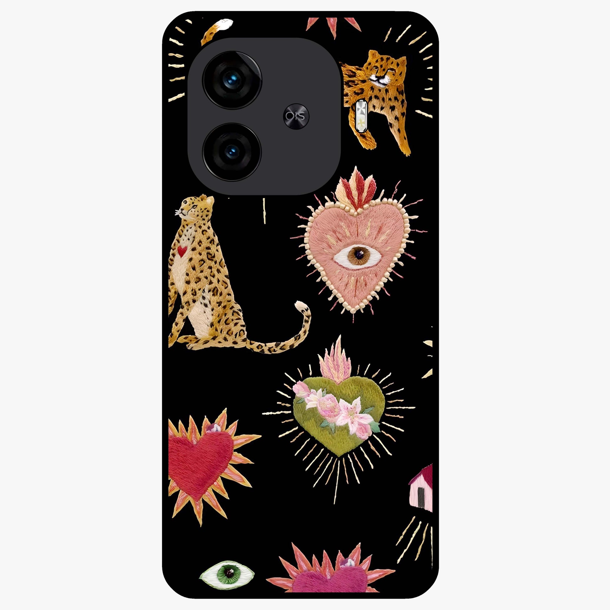 Sacred Jungle Heart Glass Case showing flat back view with jungle inspired heart artwork and glossy glass finish.