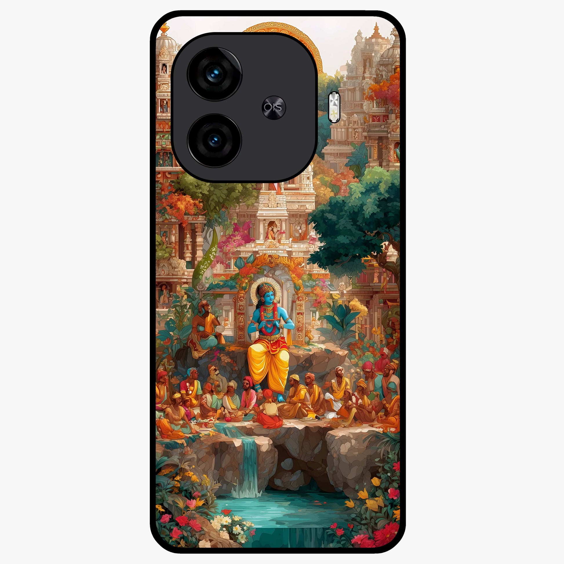 Sacred Sunlight Gods Glass Case showing flat back view with divine sunlight themed artwork and glossy glass finish.