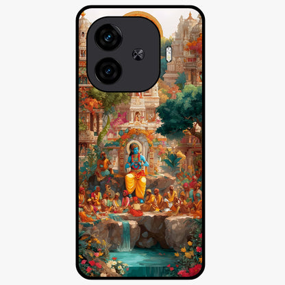 Sacred Sunlight Gods Glass Case showing flat back view with divine sunlight themed artwork and glossy glass finish.