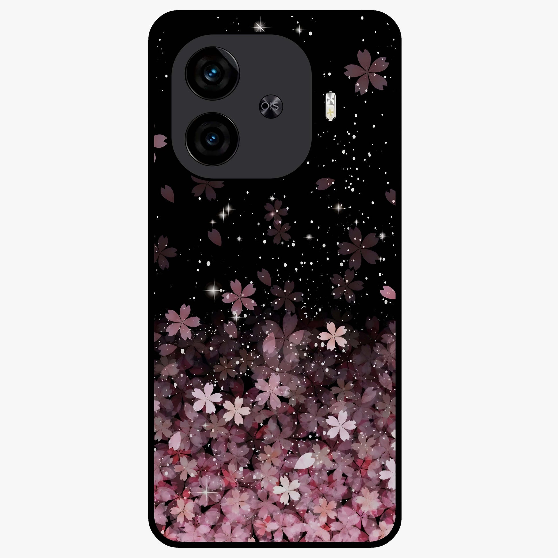 Small Starry Flowers Glass Case showing flat back view with delicate starry floral artwork and glossy glass finish.