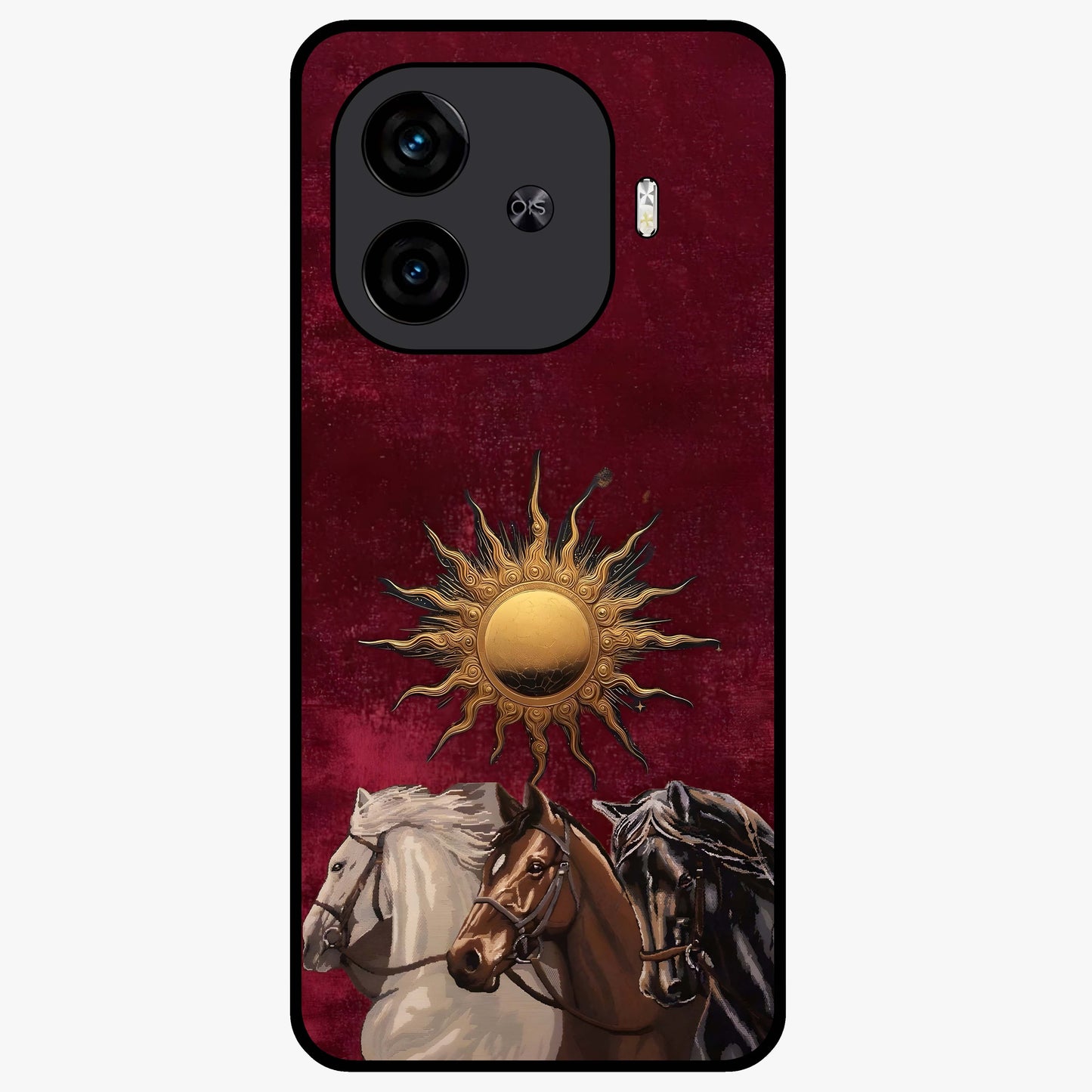 Solar Riders Glass Case showing flat back view with dynamic rider themed artwork and glossy glass finish.