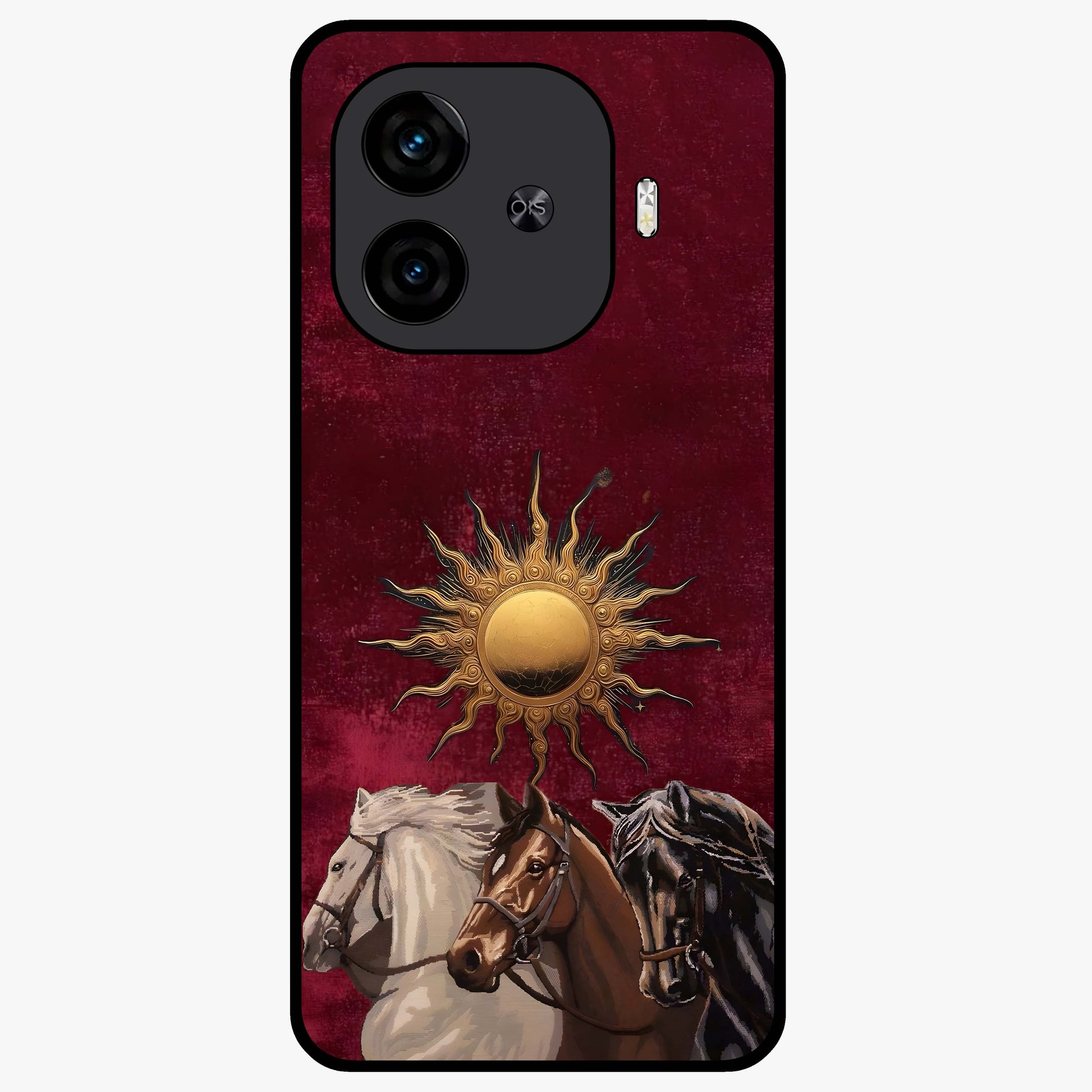 Solar Riders Glass Case showing flat back view with dynamic rider themed artwork and glossy glass finish.