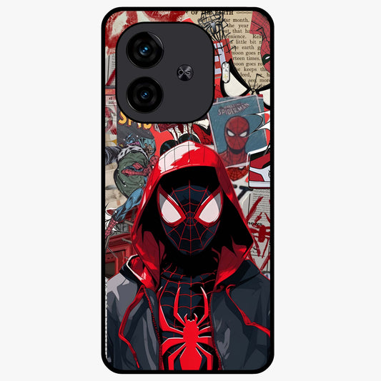 Spider Collage Street Glass Case showing flat back view with vibrant superhero collage artwork and glossy glass finish.