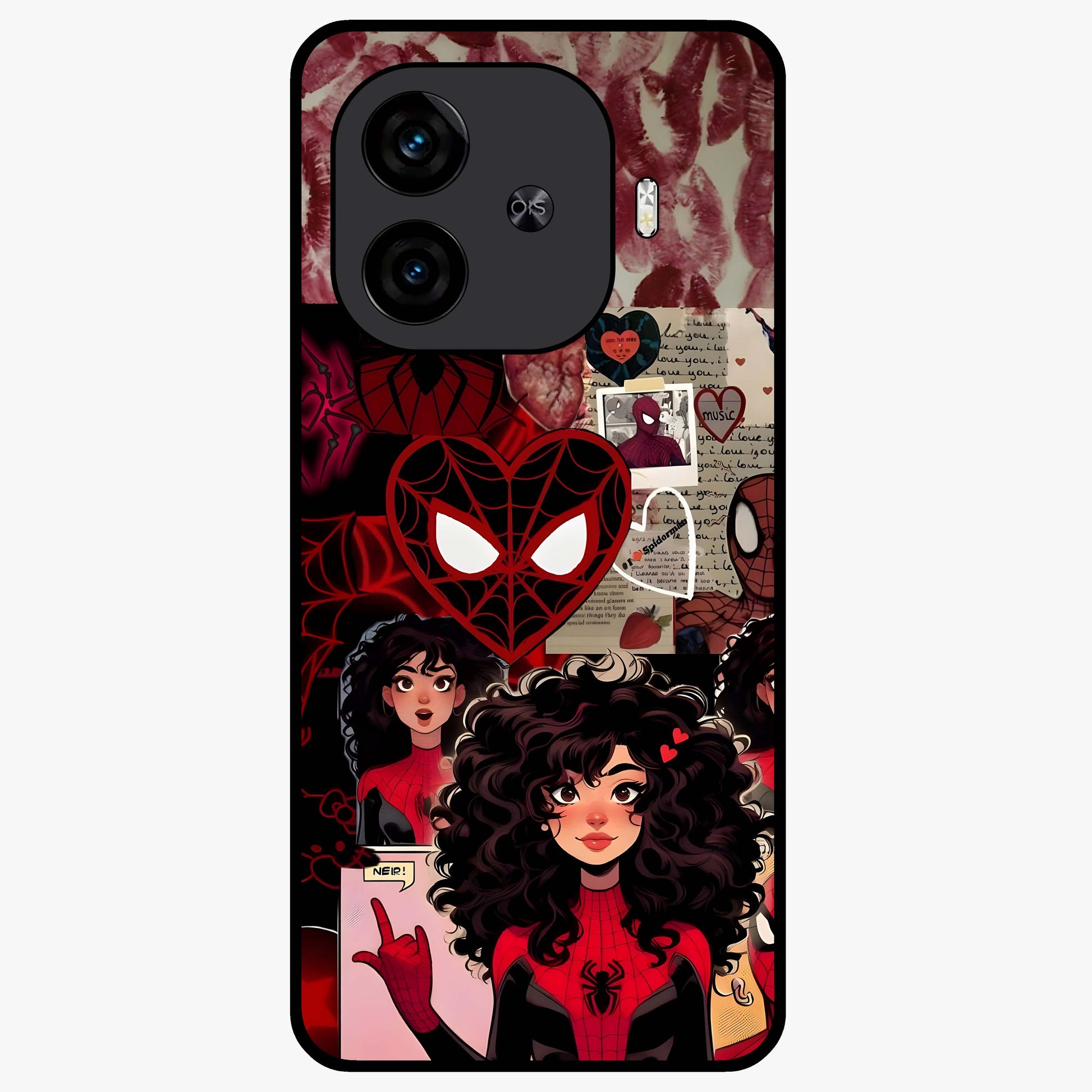 Spider Love Story Glass Case showing flat back view with romantic superhero themed artwork and glossy glass finish.