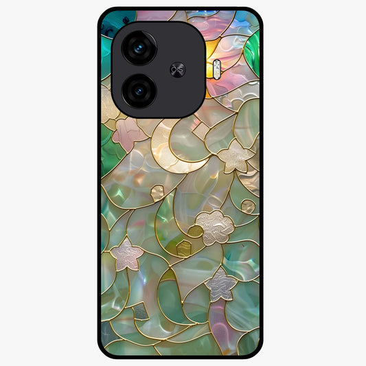Stained Sunrise Glow Glass Case showing flat back view with glowing sunrise stained pattern artwork and glossy glass finish.