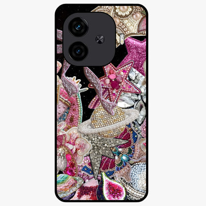 Starlit Jewel Dream Glass Case showing flat back view with sparkling jewel and star themed artwork and glossy glass finish.