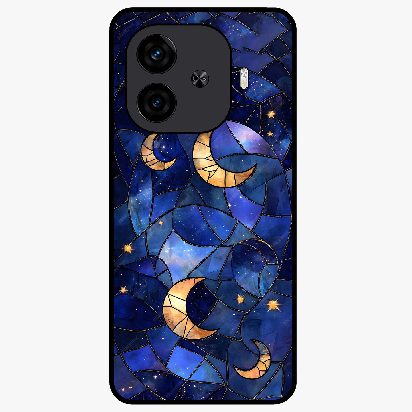 Starlit Sky Tapestry Glass Case showing flat back view with decorative starry sky tapestry artwork and glossy glass finish.