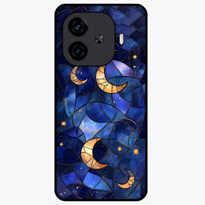 Starlit Sky Tapestry Glass Case showing flat back view with decorative starry sky tapestry artwork and glossy glass finish.