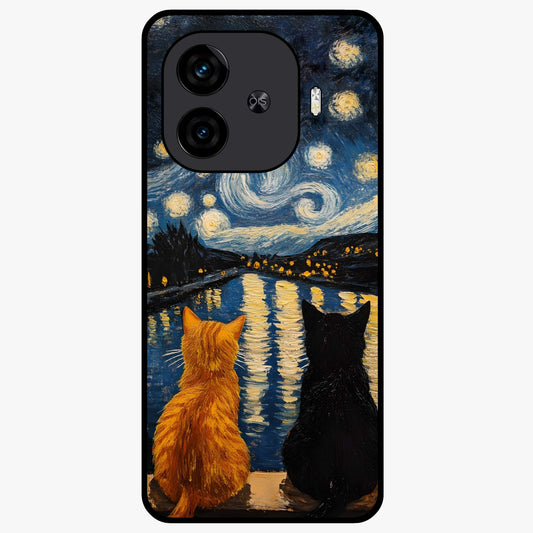 Starry River Cats Glass Case showing flat back view with cats by a starry river artwork and glossy glass finish.